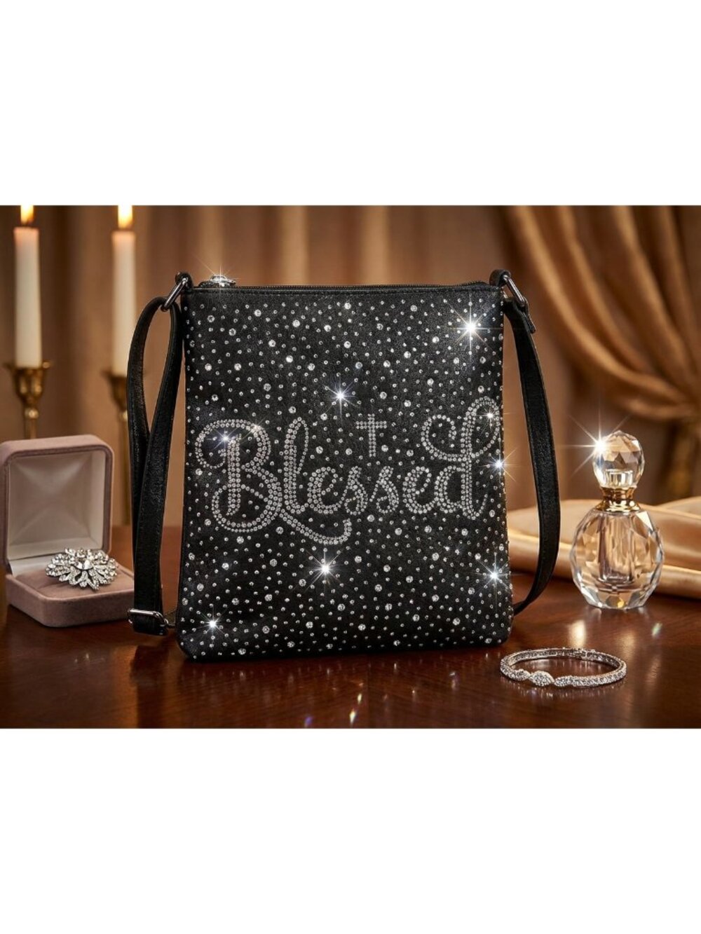 Blessed Rhinestone Crossbody Purse Black Bling Shoulder Bag Faith Glam Y2K